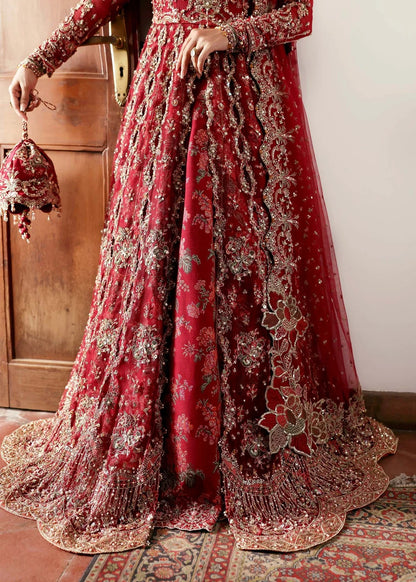 Regal crimson lehenga with hand-embellished panels, ornate borders, embroidered dupatta, and net body—perfect for festive and wedding elegance.