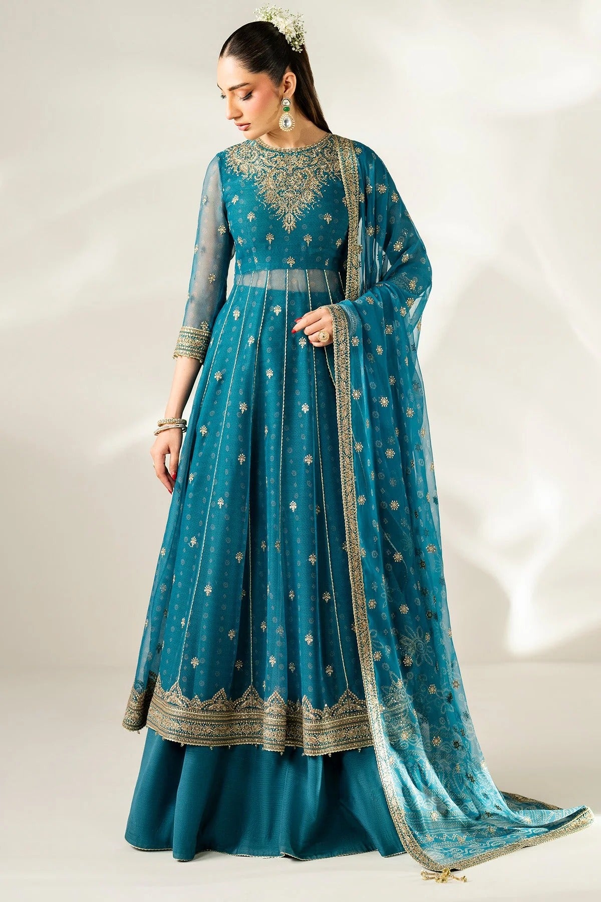 Digitally printed chiffon suit with embroidery on yoke, panels, sleeves & dupatta. Paired with dyed rawsilk bottom for a luxe, elegant formal look.