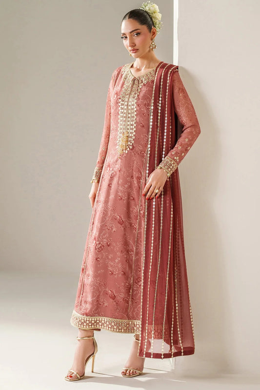 Digitally printed chiffon suit with embroidered borders & dupatta. Features rawsilk bottom for a rich, elegant look. Perfect for formal & festive wear.
