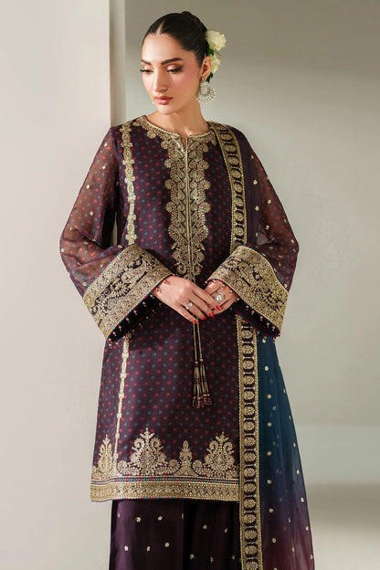 Elegantly embroidered chiffon with digital prints, bordered dupatta, and raw silk bottom—crafted for refined charm at weddings, events, or formal soirées.