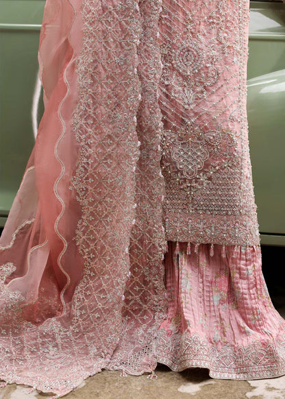 Ethereal blush rose suit with hand-embellished organza panels, ornate borders, and embroidered dupatta. A timeless choice for festive elegance.