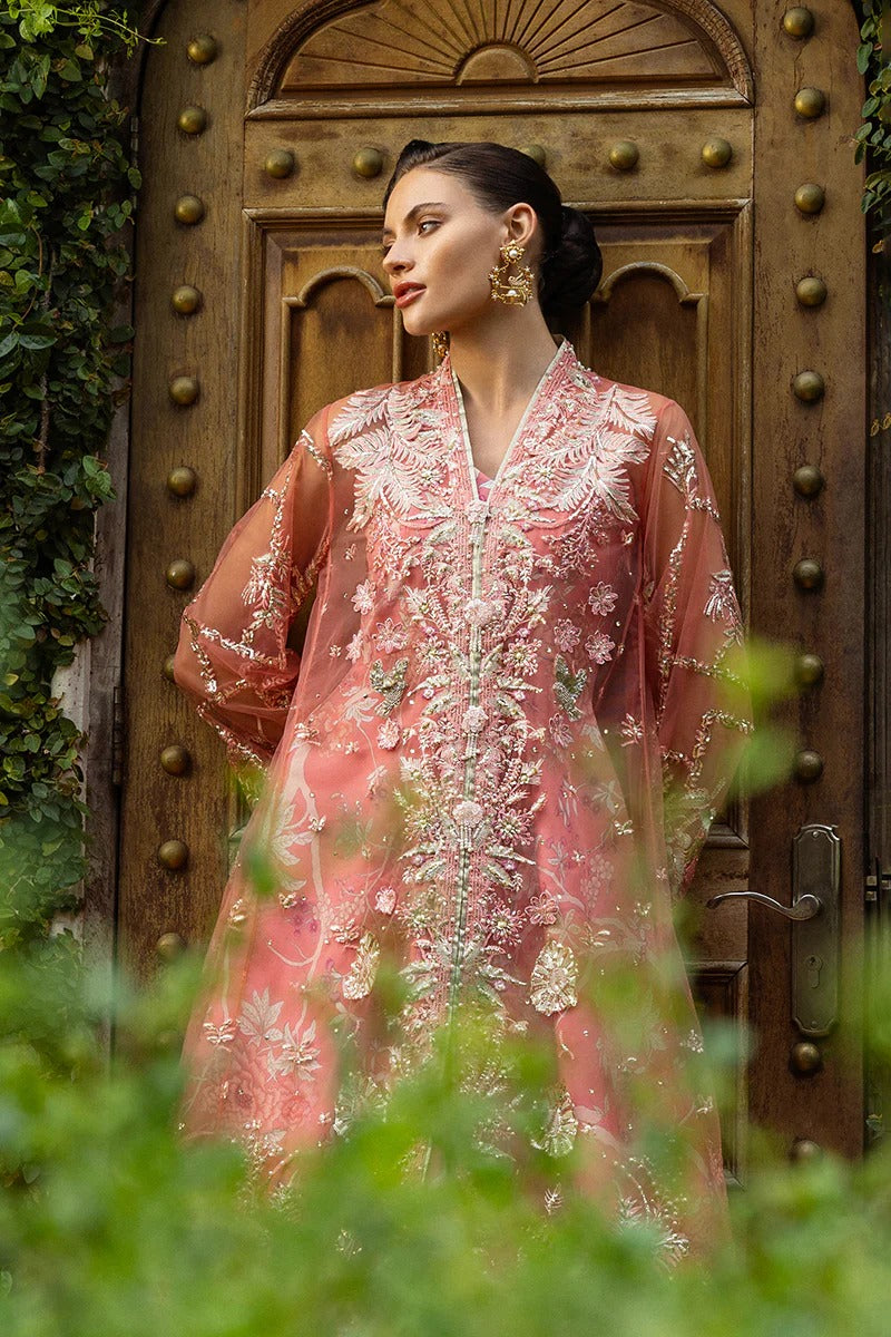 Elegant coral dress with embroidered net shirt, sequined dupatta, raw silk trouser, 3D bird embellishments, and handmade tassels for luxury style.