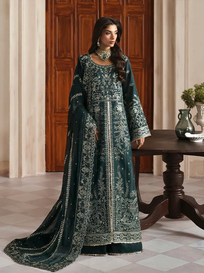 Elevate your look with this embroidered and sequined raw silk ensemble featuring a detailed bodice, chiffon dupatta with organza border, and elegant sharara.