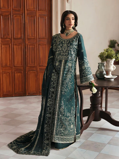Elevate your look with this embroidered and sequined raw silk ensemble featuring a detailed bodice, chiffon dupatta with organza border, and elegant sharara.