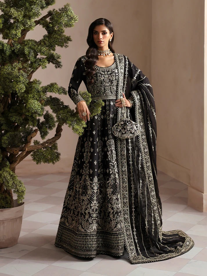 Elegant embroidered and sequined raw silk kalidaar with bodice, chiffon dupatta, and organza borders — a timeless outfit for festive and wedding wear.