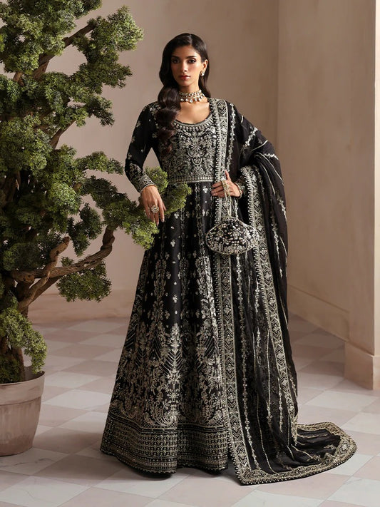 Elegant embroidered and sequined raw silk kalidaar with bodice, chiffon dupatta, and organza borders — a timeless outfit for festive and wedding wear.