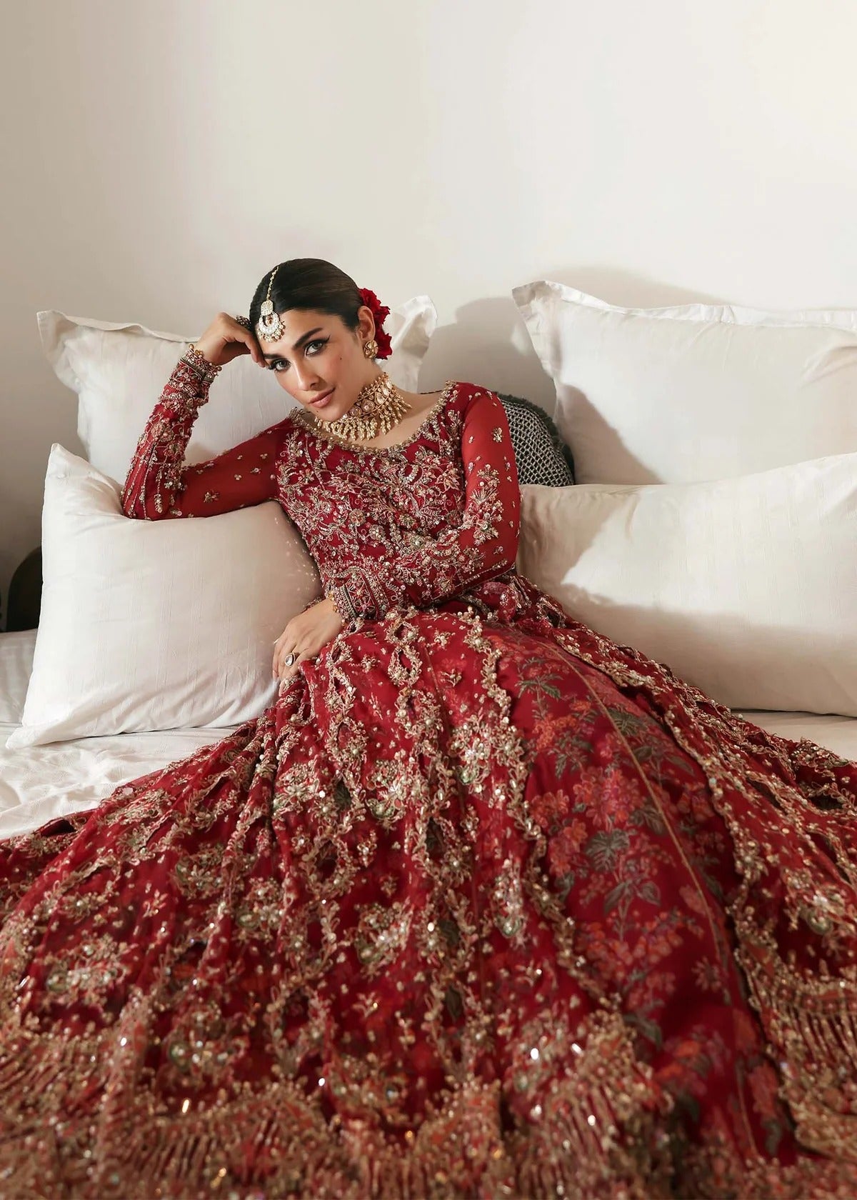 Regal crimson lehenga with hand-embellished panels, ornate borders, embroidered dupatta, and net body—perfect for festive and wedding elegance.
