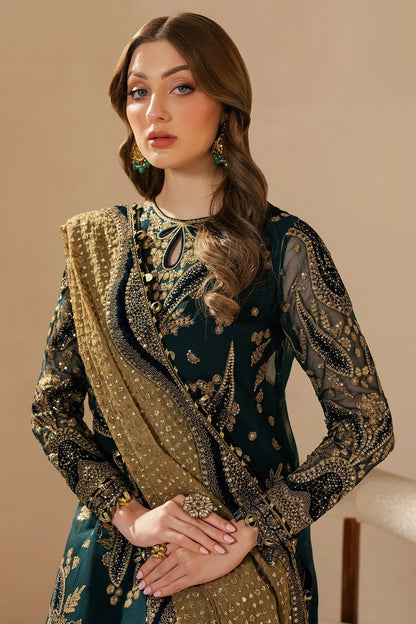 WF'25-06 blends chiffon embroidery with velvet appliqué on front, back, and sleeves—paired with organza dupatta and rawsilk bottom for a luxe finish.