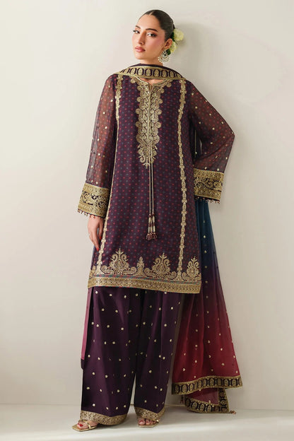 Elegantly embroidered chiffon with digital prints, bordered dupatta, and raw silk bottom—crafted for refined charm at weddings, events, or formal soirées.