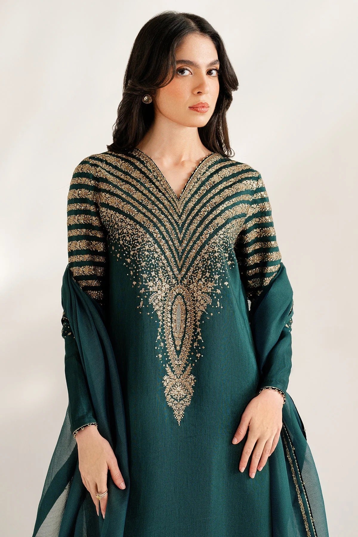 UR-7056 features embroidered Korean rawsilk front, sleeves, and bottom with a check woven organza dupatta—crafted for elegant, formal occasions.