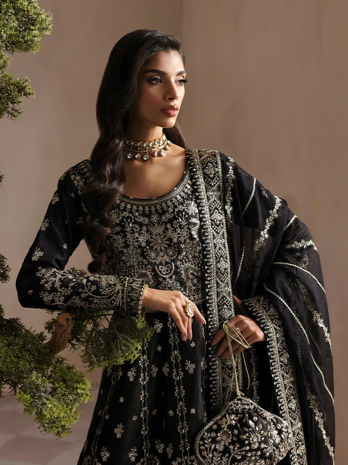 Elegant embroidered and sequined raw silk kalidaar with bodice, chiffon dupatta, and organza borders — a timeless outfit for festive and wedding wear.