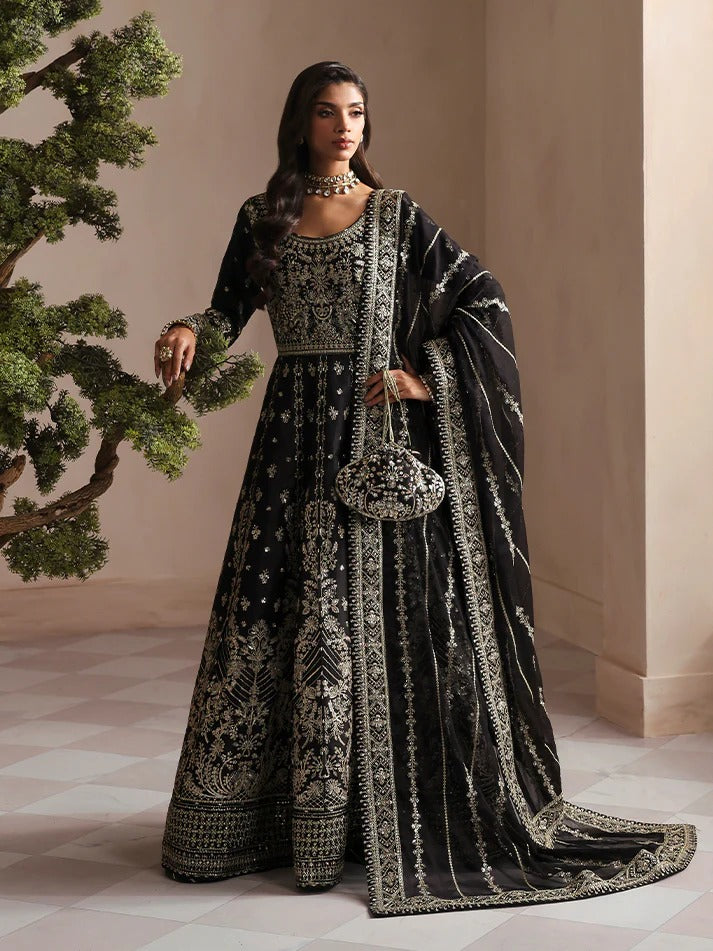 Elegant embroidered and sequined raw silk kalidaar with bodice, chiffon dupatta, and organza borders — a timeless outfit for festive and wedding wear.