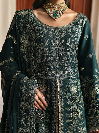 Elevate your look with this embroidered and sequined raw silk ensemble featuring a detailed bodice, chiffon dupatta with organza border, and elegant sharara.