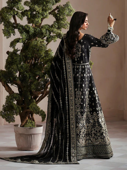 Elegant embroidered and sequined raw silk kalidaar with bodice, chiffon dupatta, and organza borders — a timeless outfit for festive and wedding wear.
