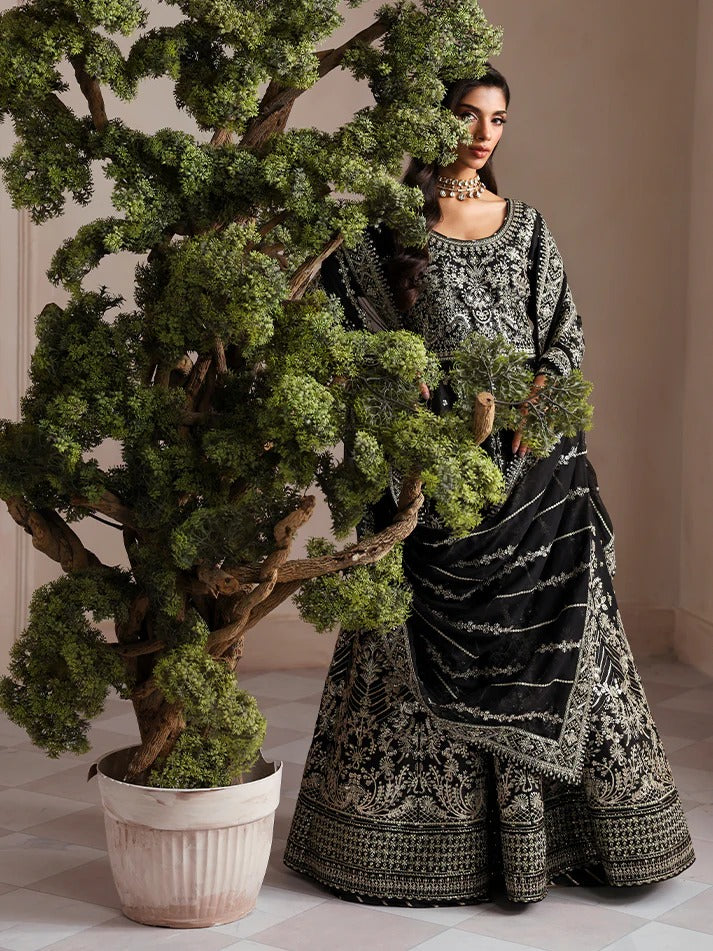 Elegant embroidered and sequined raw silk kalidaar with bodice, chiffon dupatta, and organza borders — a timeless outfit for festive and wedding wear.