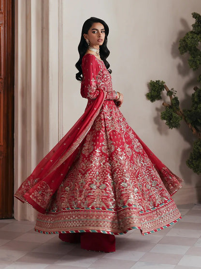 Discover luxury in this embroidered raw silk kalidaar featuring sequined bodice, chiffon dupatta with organza borders, and matching raw silk sharara.