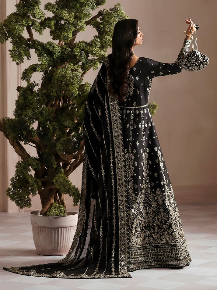 Elegant embroidered and sequined raw silk kalidaar with bodice, chiffon dupatta, and organza borders — a timeless outfit for festive and wedding wear.