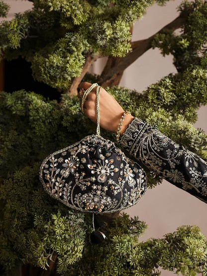 Elegant embroidered and sequined raw silk kalidaar with bodice, chiffon dupatta, and organza borders — a timeless outfit for festive and wedding wear.