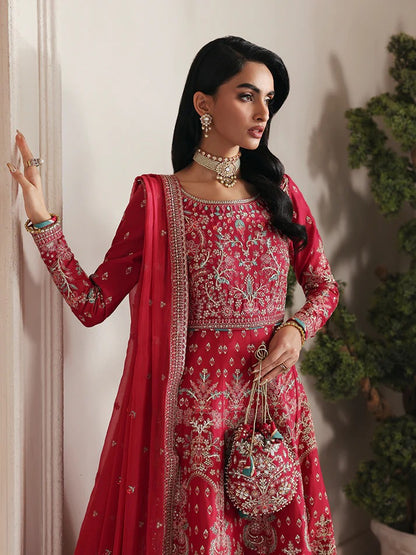 Discover luxury in this embroidered raw silk kalidaar featuring sequined bodice, chiffon dupatta with organza borders, and matching raw silk sharara.