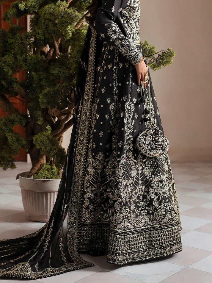 Elegant embroidered and sequined raw silk kalidaar with bodice, chiffon dupatta, and organza borders — a timeless outfit for festive and wedding wear.