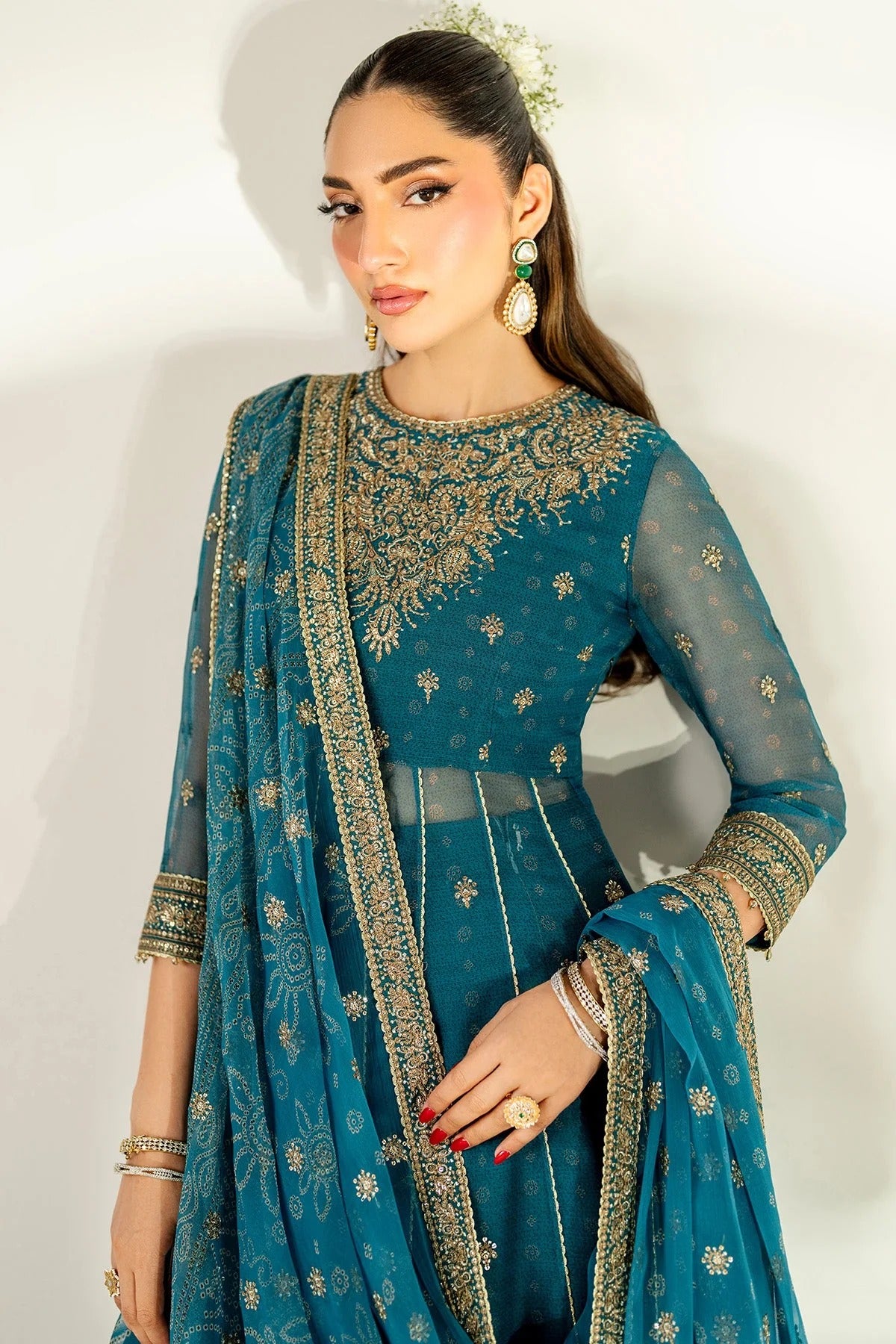Digitally printed chiffon suit with embroidery on yoke, panels, sleeves & dupatta. Paired with dyed rawsilk bottom for a luxe, elegant formal look.