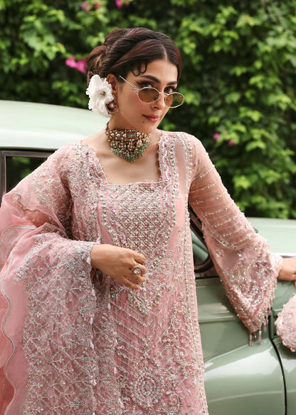 Ethereal blush rose suit with hand-embellished organza panels, ornate borders, and embroidered dupatta. A timeless choice for festive elegance.