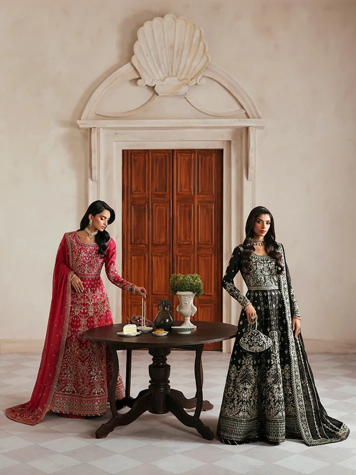 Elegant embroidered and sequined raw silk kalidaar with bodice, chiffon dupatta, and organza borders — a timeless outfit for festive and wedding wear.