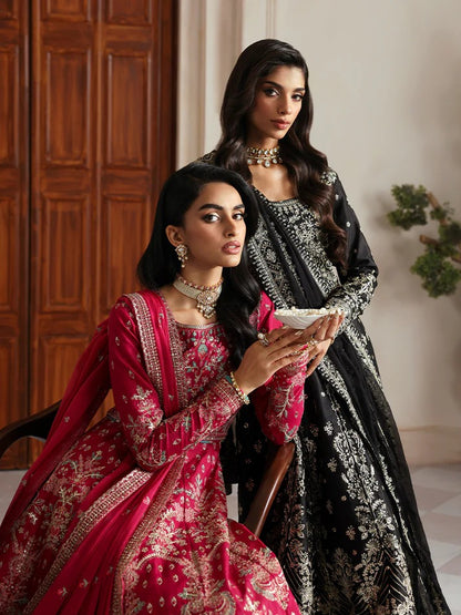 Elegant embroidered and sequined raw silk kalidaar with bodice, chiffon dupatta, and organza borders — a timeless outfit for festive and wedding wear.