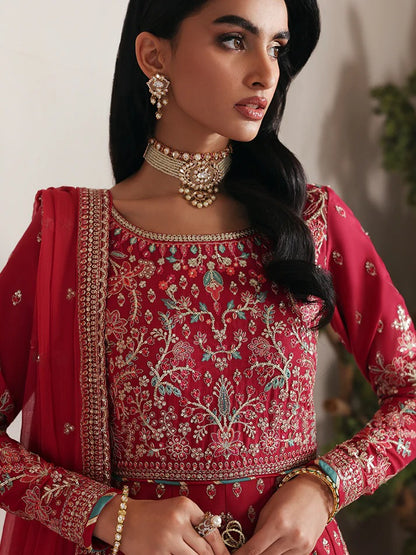 Discover luxury in this embroidered raw silk kalidaar featuring sequined bodice, chiffon dupatta with organza borders, and matching raw silk sharara.