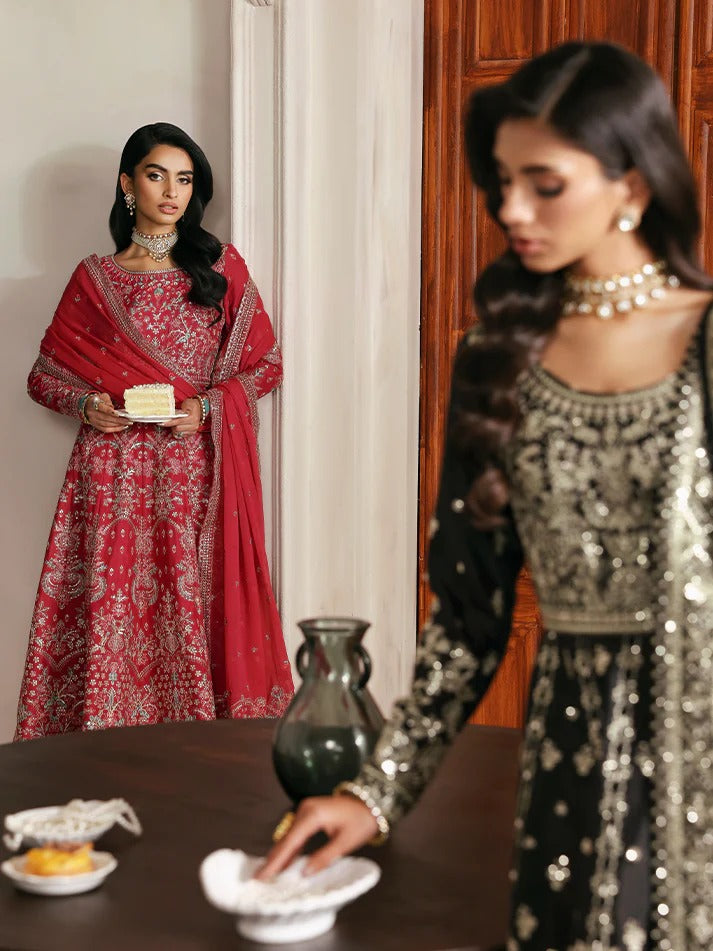 Elegant embroidered and sequined raw silk kalidaar with bodice, chiffon dupatta, and organza borders — a timeless outfit for festive and wedding wear.