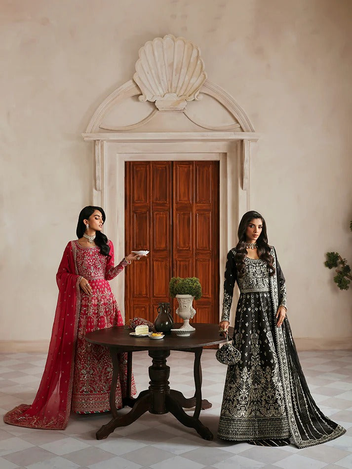 Elegant embroidered and sequined raw silk kalidaar with bodice, chiffon dupatta, and organza borders — a timeless outfit for festive and wedding wear.