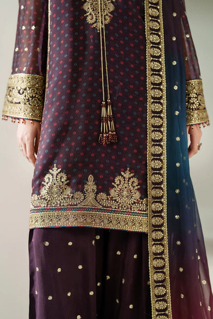 Elegantly embroidered chiffon with digital prints, bordered dupatta, and raw silk bottom—crafted for refined charm at weddings, events, or formal soirées.