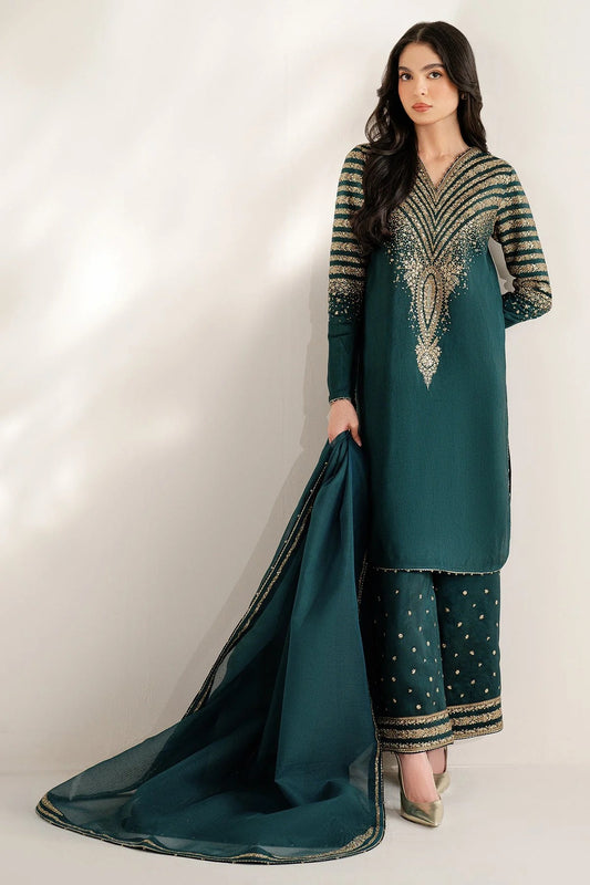 UR-7056 features embroidered Korean rawsilk front, sleeves, and bottom with a check woven organza dupatta—crafted for elegant, formal occasions.