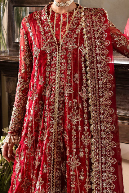Striking red organza outfit with rich embroidery, dupatta, printed inner shirt, and embroidered trousers. A bold choice for weddings or festive events.