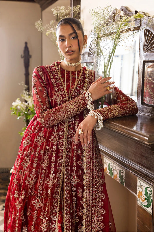 Striking red organza outfit with rich embroidery, dupatta, printed inner shirt, and embroidered trousers. A bold choice for weddings or festive events.