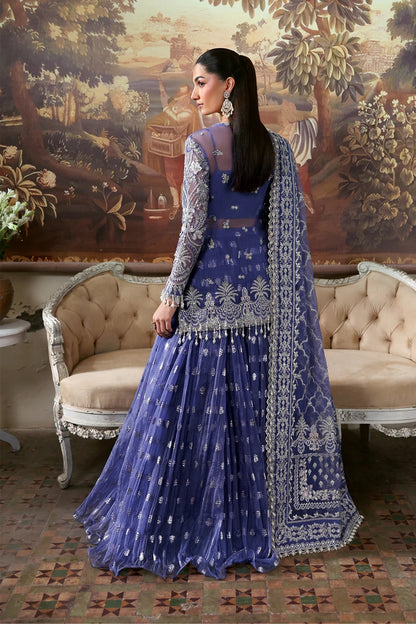 Elegant blue organza dress featuring intricate embroidery, detailed dupatta borders, and dyed trousers. A graceful pick for festive or formal events.