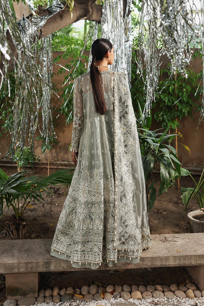 Refined dusty grey viscose outfit with zari embroidery, open front border, dupatta, and raw silk trouser. Perfect for formal and festive occasions.