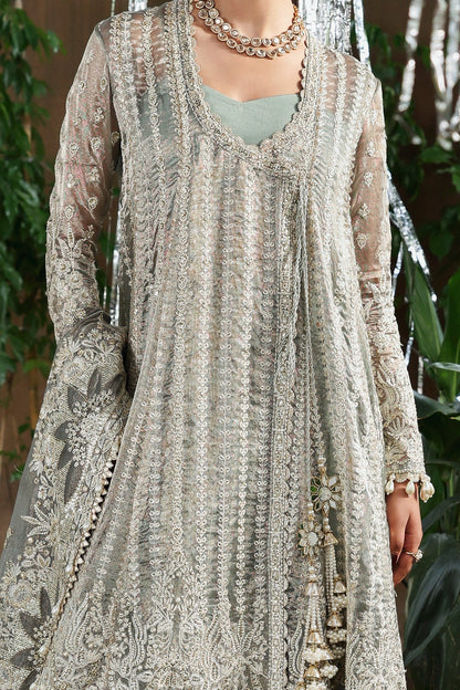 Refined dusty grey viscose outfit with zari embroidery, open front border, dupatta, and raw silk trouser. Perfect for formal and festive occasions.