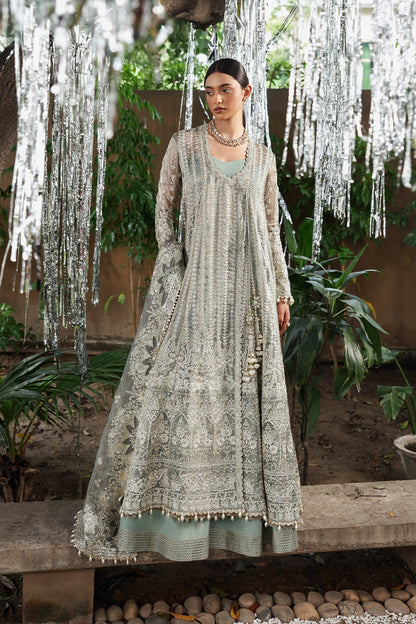 Refined dusty grey viscose outfit with zari embroidery, open front border, dupatta, and raw silk trouser. Perfect for formal and festive occasions.
