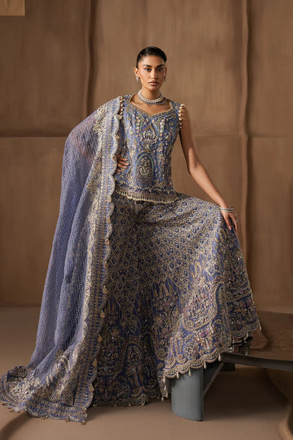 Majestic sapphire sharara set with intricate hand embellishment and metallic embroidery. Paired with an elegant dupatta for a bold festive look.