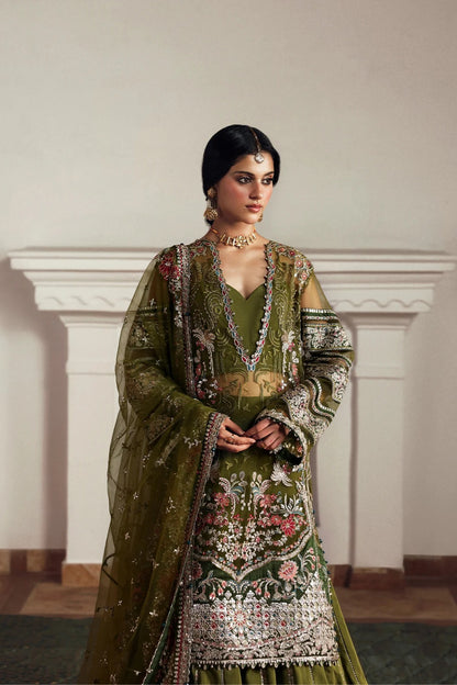 Elegant olive net and green viscose silk embroidered panels, sleeves, dupatta, and trousers with detailed borders for a graceful and stylish custom outfit.