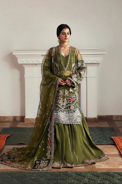 Elegant olive net and green viscose silk embroidered panels, sleeves, dupatta, and trousers with detailed borders for a graceful and stylish custom outfit.