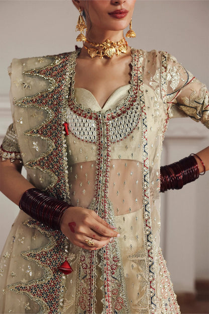 Elegant cream organza and silk embroidered panels, borders, sleeves, and dupatta with printed trousers for a complete luxurious fabric set.