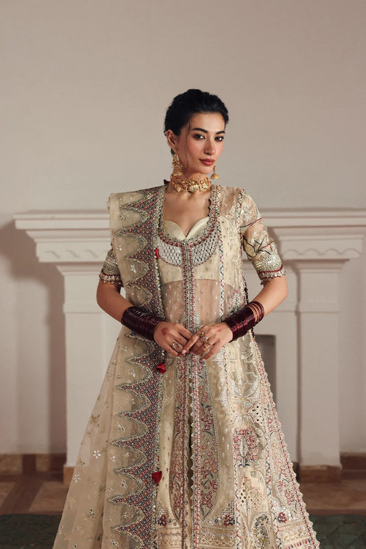Elegant cream organza and silk embroidered panels, borders, sleeves, and dupatta with printed trousers for a complete luxurious fabric set.