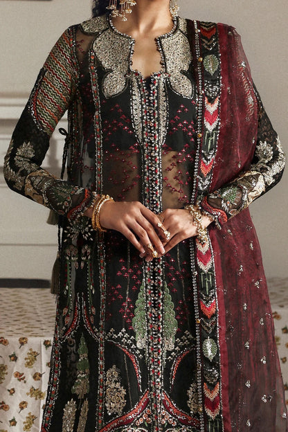 Elegant black organza and raw silk embroidered panels, sleeves, borders, and dupatta with intricate digital prints for a luxurious custom outfit creation.