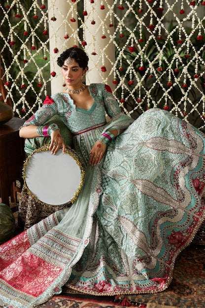 Luxurious dark aqua and red raw silk embroidered panels, sleeves, borders, and net dupatta with diamond accents for a stunning, elegant custom outfit creation.