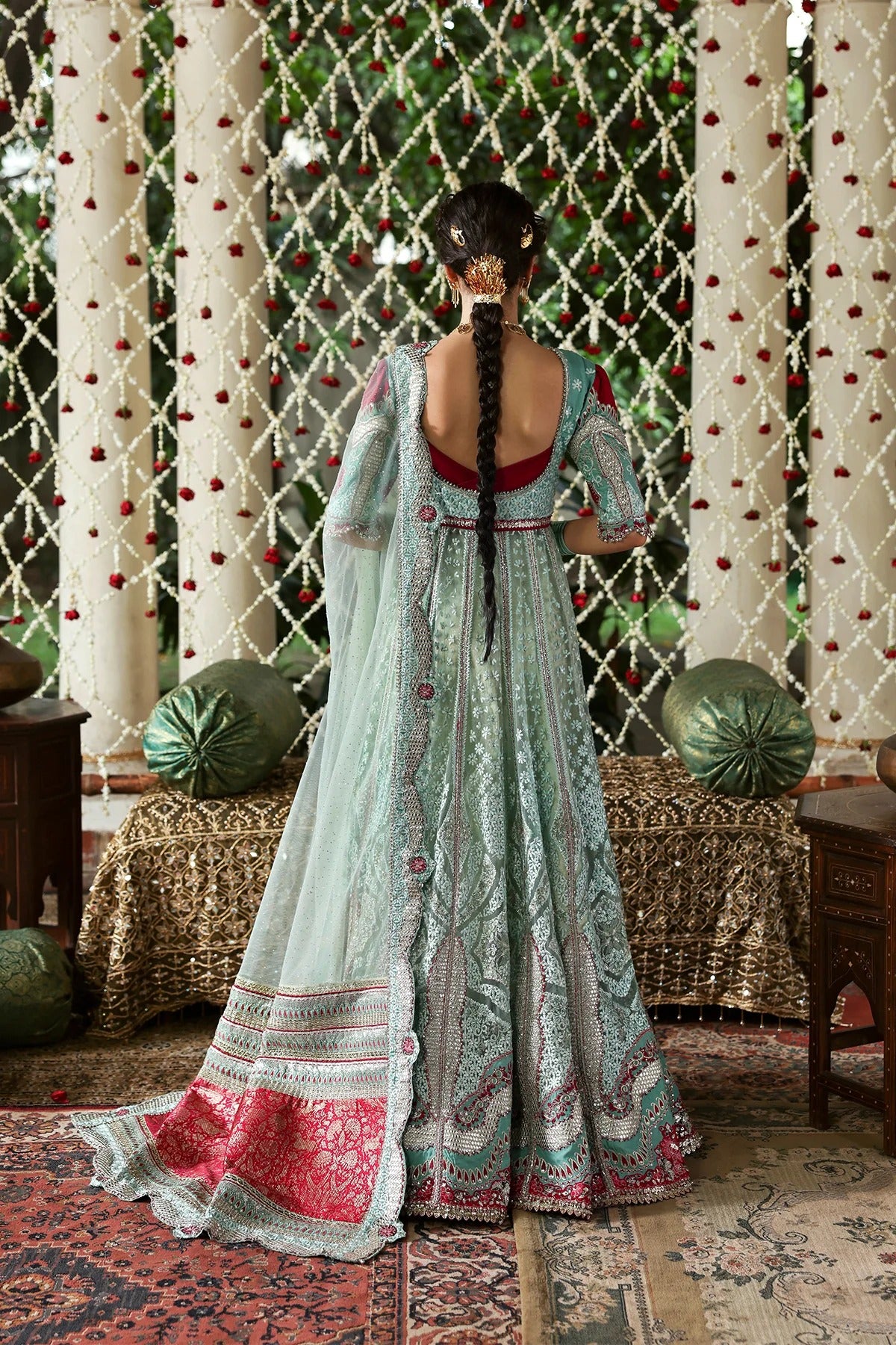 Luxurious dark aqua and red raw silk embroidered panels, sleeves, borders, and net dupatta with diamond accents for a stunning, elegant custom outfit creation.