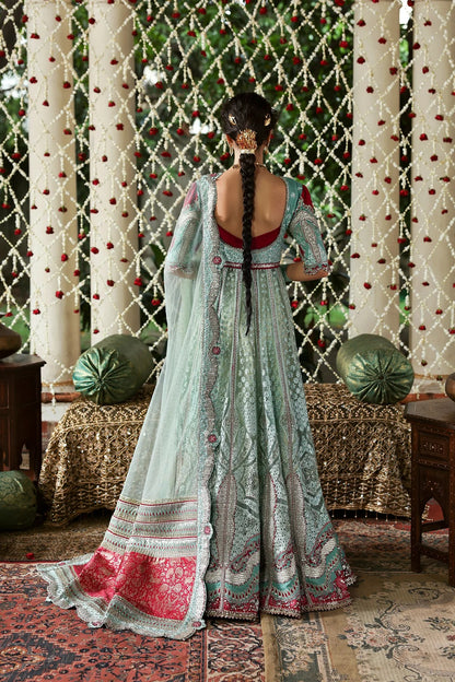 Luxurious dark aqua and red raw silk embroidered panels, sleeves, borders, and net dupatta with diamond accents for a stunning, elegant custom outfit creation.