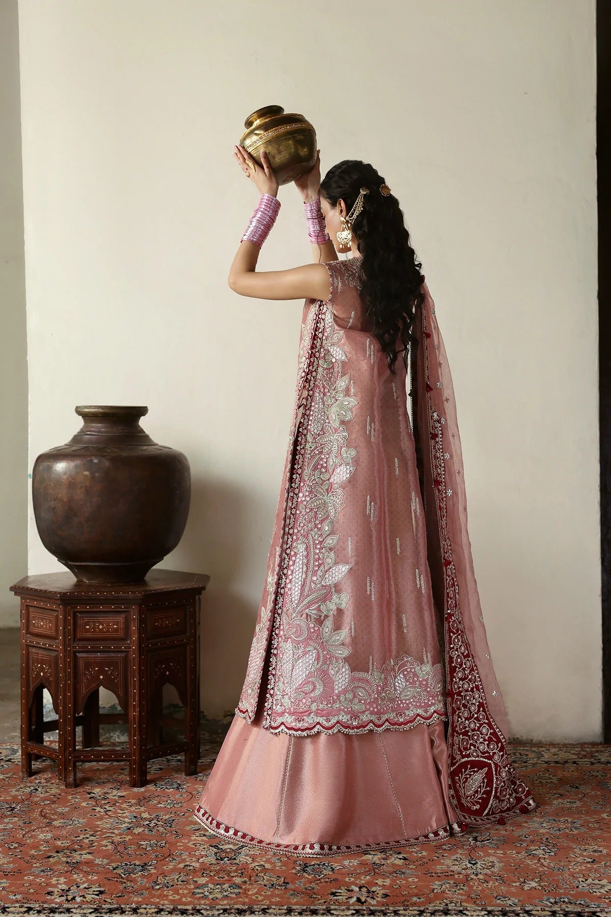 Luxurious pink tissue zari and raw silk embroidered panels, sleeves, borders, and dupatta with maroon accents, perfect for elegant custom dressmaking.
