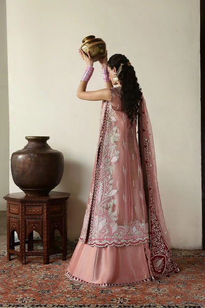 Luxurious pink tissue zari and raw silk embroidered panels, sleeves, borders, and dupatta with maroon accents, perfect for elegant custom dressmaking.